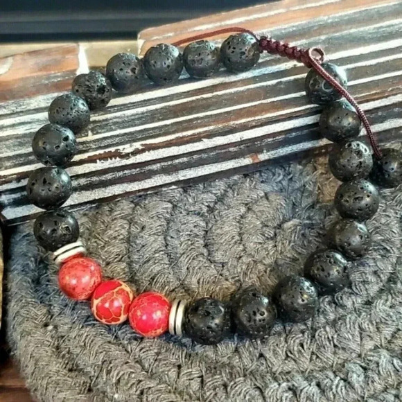 Chakra Healing Gemstone Bracelet Red Aqua Terra Jasper Black Lava - Picture 5 of 7